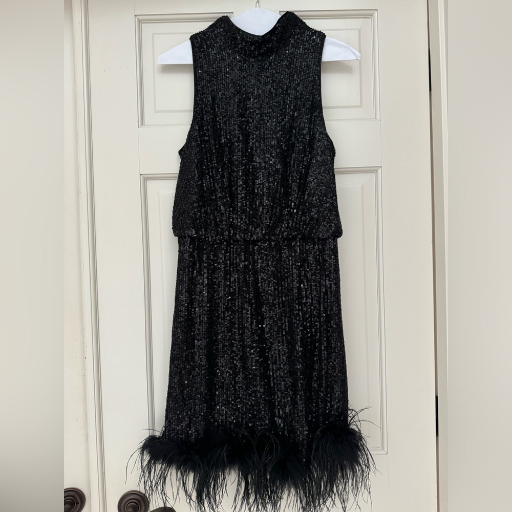 Women’s Eliza J Sequin Mock Neck Sleeveless Blouson Feather Trim Dress Size 8